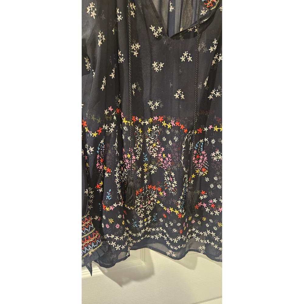 CAbi Sheer Embroidered Boho Blouse Small Navy Floral Tassel Tie Peasant Top - Picture 3 of 10